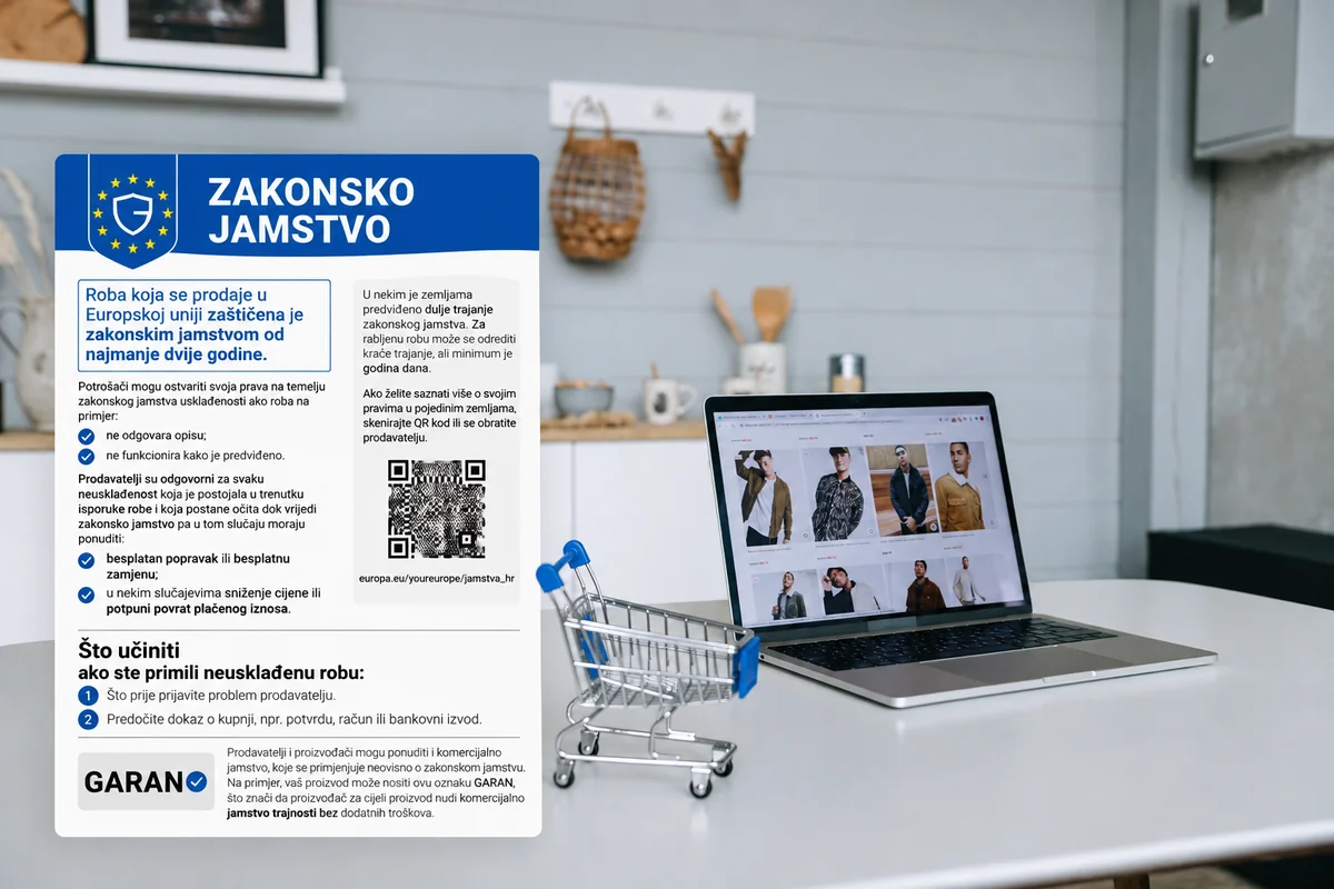 EU obavijest o zakonskom jamstvu prikazana uz laptop s web trgovinom i minijaturnu košaricu